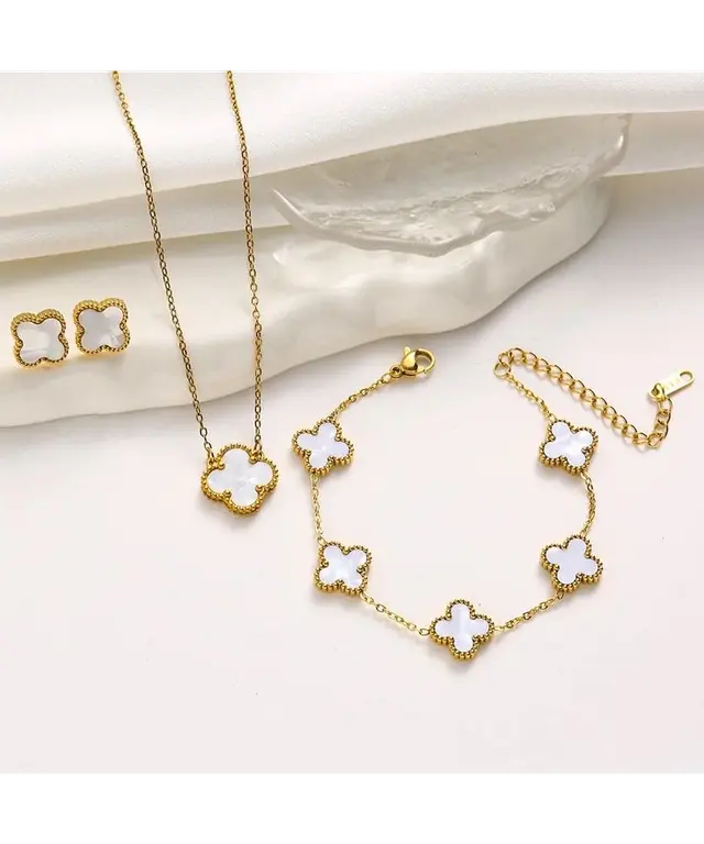 Clover Shape White Pendant Set (Earrings+Necklace+Bracelet)